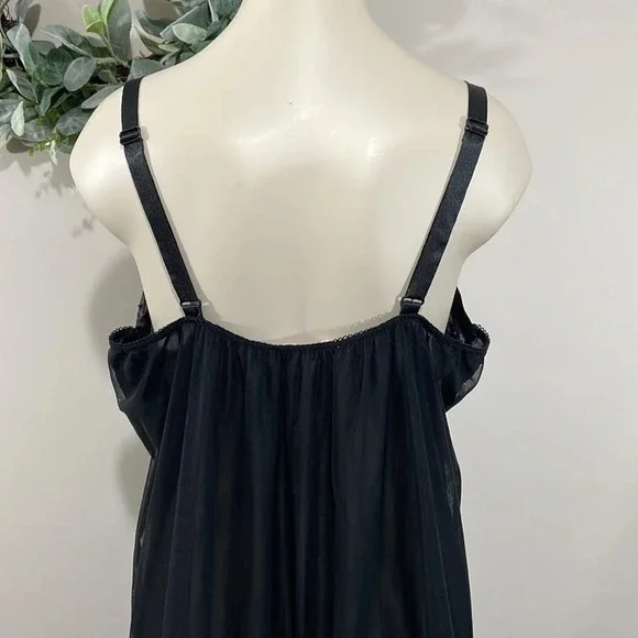 Oscar De La Renta Pink Label Black Sheer Beaded Eyelet Lace Babydoll Nightgown L
